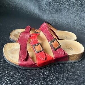 Think! Womens Red Burgundy Leather Buckle Cork Slide Sandals 38 7.5-8 US Artsy